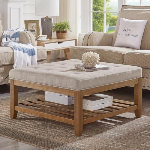 24KF Large Square Upholstered Tufted Linen Ottoman Coffee Table Large Footrest Ottoman with Solid Wood ShelfLinen