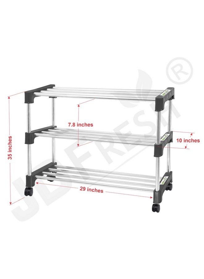 JD FRESH Shoe Rack/Stainless Steel Shoe Stand with Wheel/Movable Shoe Rack for Home/Multi-Purpose Footwear Stand/Books/Newspaper/Plants - 3 Tier (Silver and Black) - Image 2