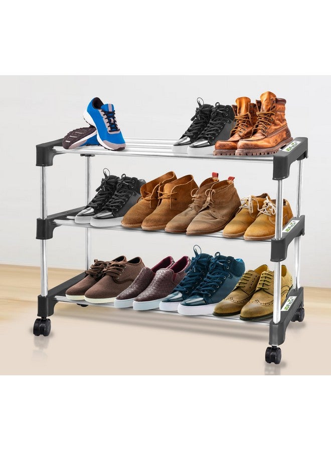 JD FRESH Shoe Rack/Stainless Steel Shoe Stand with Wheel/Movable Shoe Rack for Home/Multi-Purpose Footwear Stand/Books/Newspaper/Plants - 3 Tier (Silver and Black) - Image 1