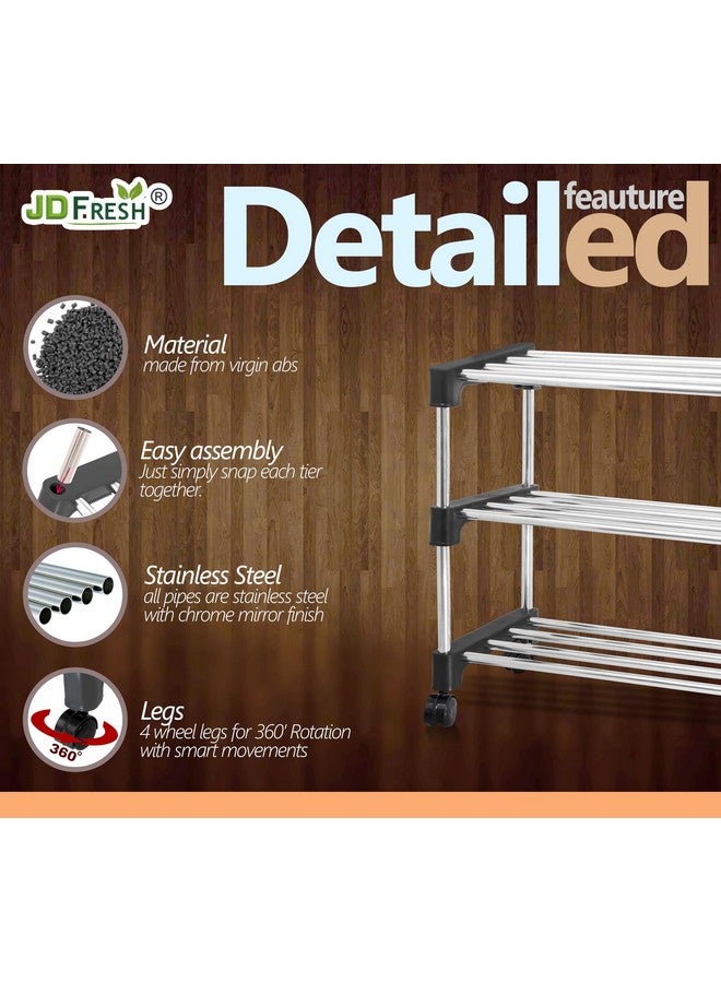 JD FRESH Shoe Rack/Stainless Steel Shoe Stand with Wheel/Movable Shoe Rack for Home/Multi-Purpose Footwear Stand/Books/Newspaper/Plants - 3 Tier (Silver and Black) - Image 4