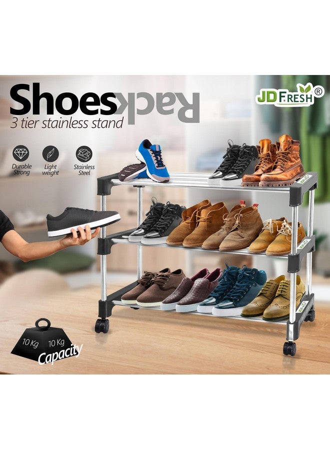 JD FRESH Shoe Rack/Stainless Steel Shoe Stand with Wheel/Movable Shoe Rack for Home/Multi-Purpose Footwear Stand/Books/Newspaper/Plants - 3 Tier (Silver and Black) - Image 3