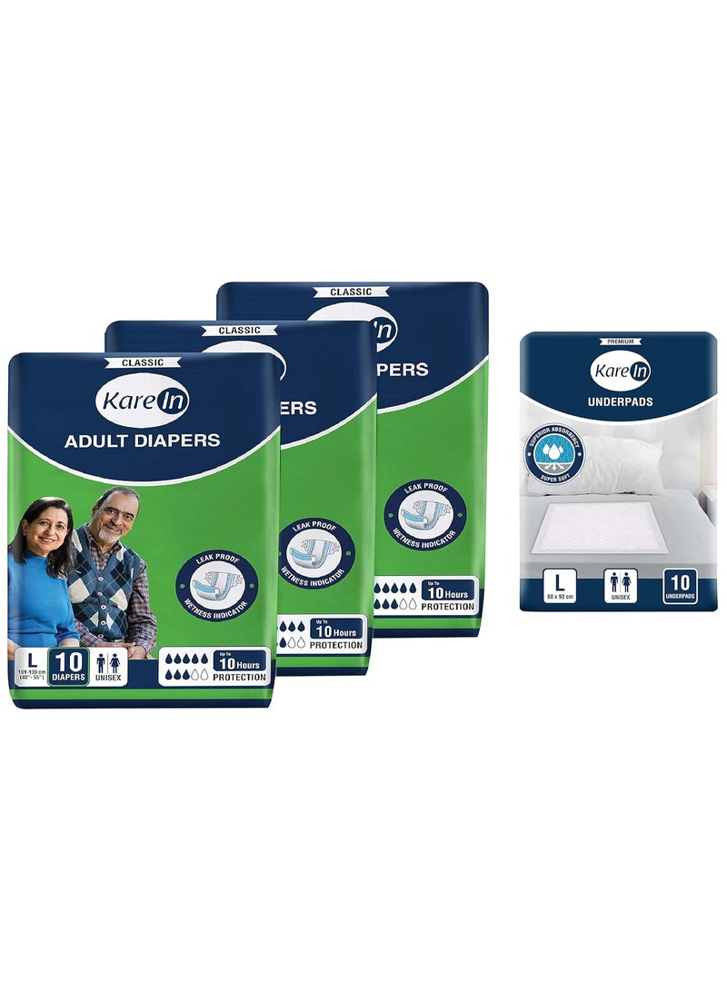 KareIn Kare Med Classic Adult Diapers, Large, Waist Size 101-139 Cm (40"-55"), Pack of 3, 30 Count & Kare In Underpads Large,Size 60 x 90cm,High Absorbency 10 Pcs - Image 1
