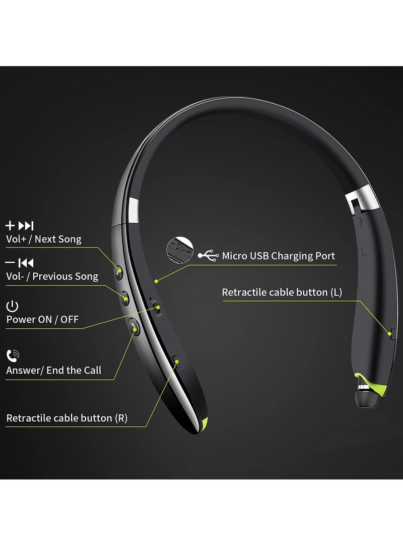 Bluetooth Headphones, Neckband Bluetooth Headphones with Retractable Earbuds, Noise Cancelling Stereo Earphones with Mic, Long Endurance, Foldable Wireless Headphones for Sports Office Conference