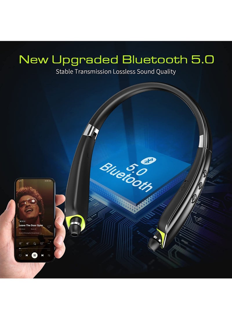 Bluetooth Headphones, Neckband Bluetooth Headphones with Retractable Earbuds, Noise Cancelling Stereo Earphones with Mic, Long Endurance, Foldable Wireless Headphones for Sports Office Conference
