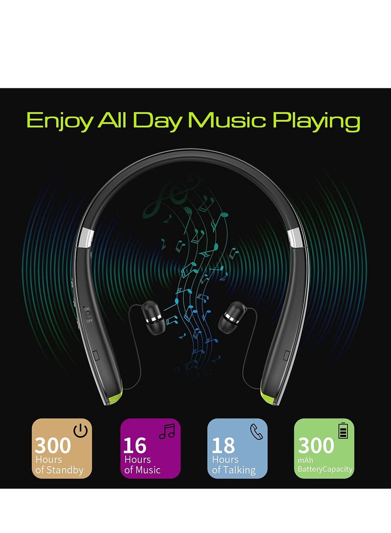 Bluetooth Headphones, Neckband Bluetooth Headphones with Retractable Earbuds, Noise Cancelling Stereo Earphones with Mic, Long Endurance, Foldable Wireless Headphones for Sports Office Conference