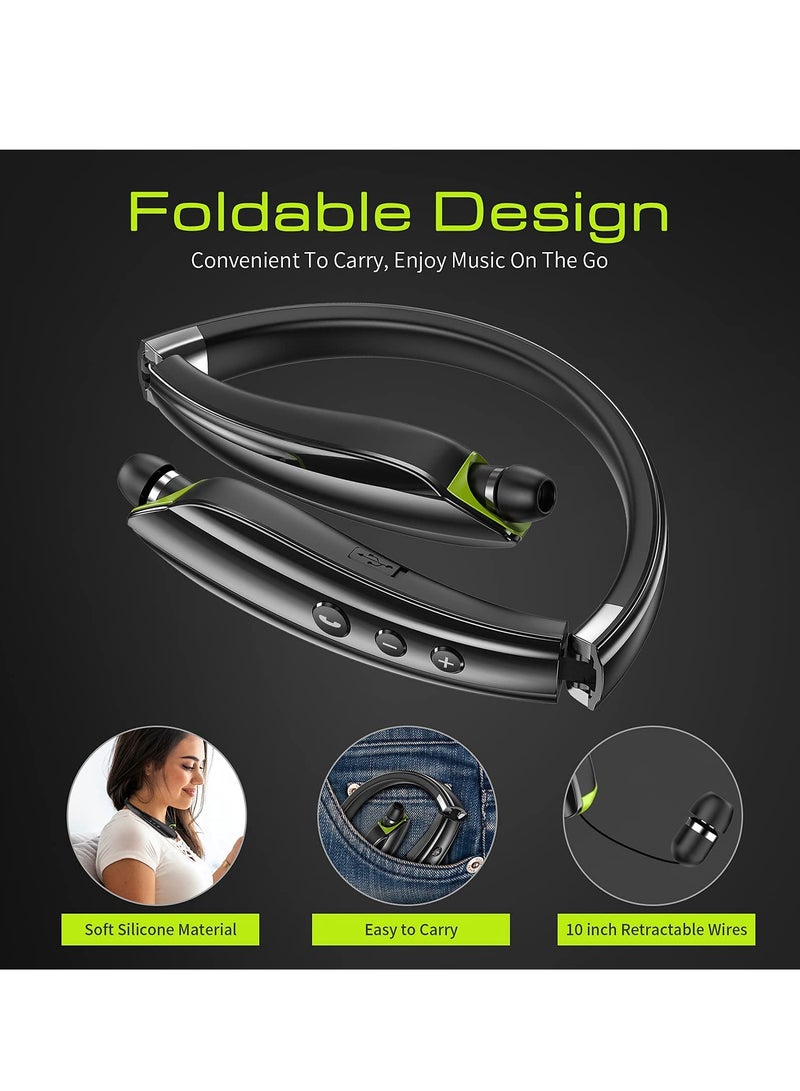 Bluetooth Headphones, Neckband Bluetooth Headphones with Retractable Earbuds, Noise Cancelling Stereo Earphones with Mic, Long Endurance, Foldable Wireless Headphones for Sports Office Conference