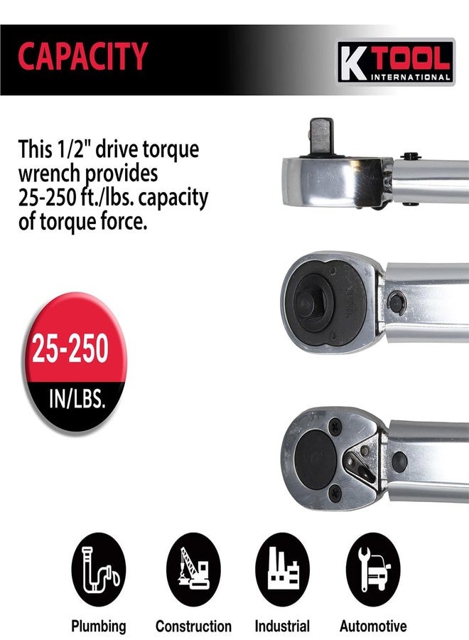 K-Tool International K Tool International 72102 Ratcheting Torque Wrench with 1//2" Drive for Garages, Repair Shops, and DIY, 25-250 ft./lbs, Click Style, Laser Marked Scales, Quick Release, Red Case, Non-Slip Handle - Image 5