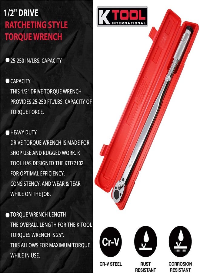 K-Tool International K Tool International 72102 Ratcheting Torque Wrench with 1//2" Drive for Garages, Repair Shops, and DIY, 25-250 ft./lbs, Click Style, Laser Marked Scales, Quick Release, Red Case, Non-Slip Handle - Image 3