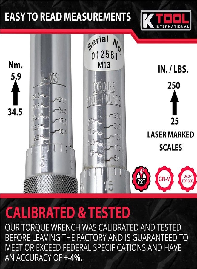 K-Tool International K Tool International 72102 Ratcheting Torque Wrench with 1//2" Drive for Garages, Repair Shops, and DIY, 25-250 ft./lbs, Click Style, Laser Marked Scales, Quick Release, Red Case, Non-Slip Handle - Image 4