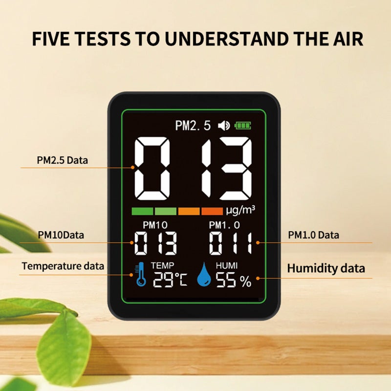 Indoor Particle Monitor: 5-In-1 Black Portable Design - Real-Time Temp Humidity Display USB-C Rechargeable 1200mAh Battery For Home Office School Workshop Lab Renovation Sites - Image 3