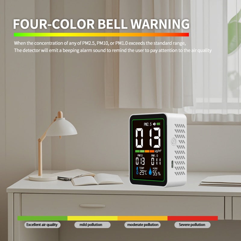 Indoor Particle Monitor: 5-In-1 Black Portable Design - Real-Time Temp Humidity Display USB-C Rechargeable 1200mAh Battery For Home Office School Workshop Lab Renovation Sites - Image 4