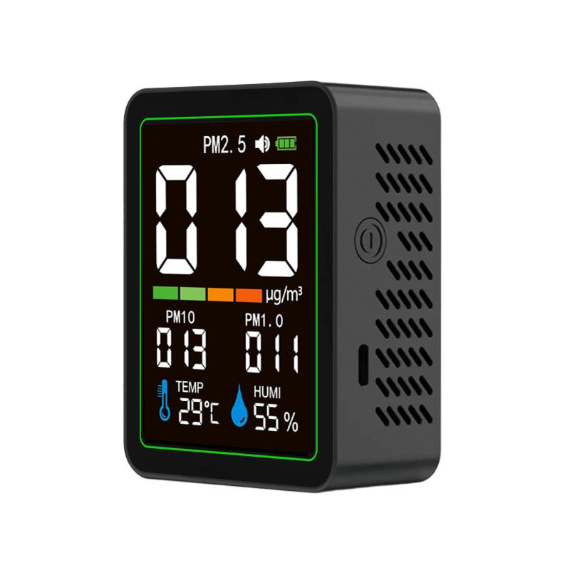 Indoor Particle Monitor: 5-In-1 Black Portable Design - Real-Time Temp Humidity Display USB-C Rechargeable 1200mAh Battery For Home Office School Workshop Lab Renovation Sites - Image 1