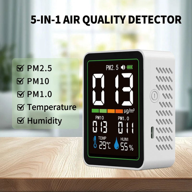Indoor Particle Monitor: 5-In-1 Black Portable Design - Real-Time Temp Humidity Display USB-C Rechargeable 1200mAh Battery For Home Office School Workshop Lab Renovation Sites - Image 2