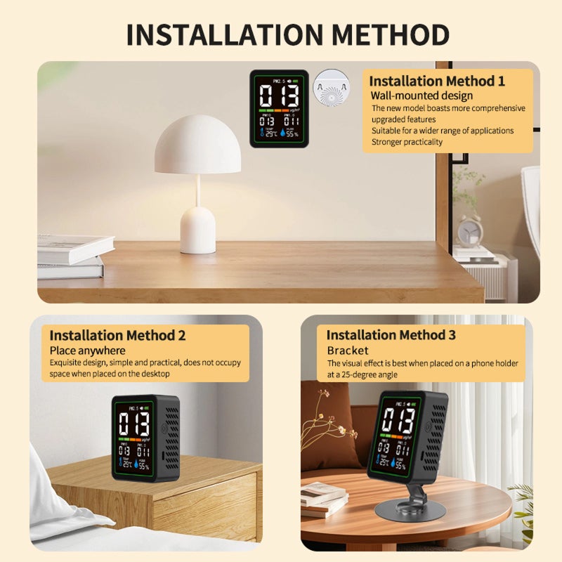 Indoor Particle Monitor: 5-In-1 Black Portable Design - Real-Time Temp Humidity Display USB-C Rechargeable 1200mAh Battery For Home Office School Workshop Lab Renovation Sites - Image 5