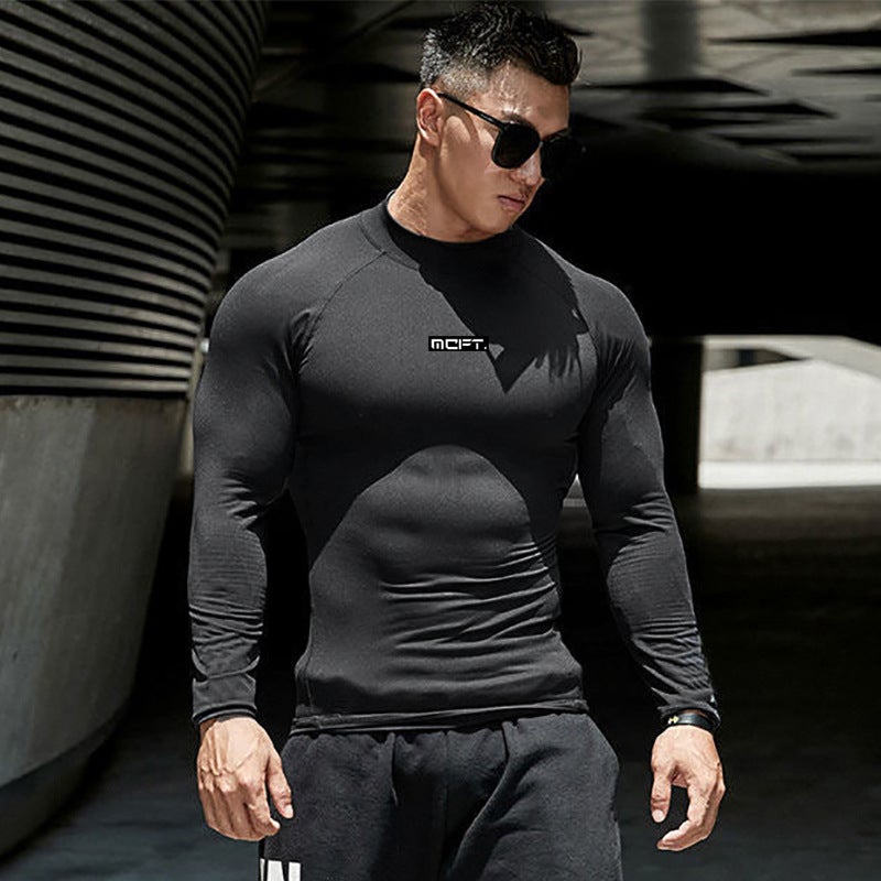 Autumn Fitness Quick-drying T-shirt Men''s Slim-fit Elastic Base Shirt and Collar Top Raglan Sleeve Training Clothes - Image 4