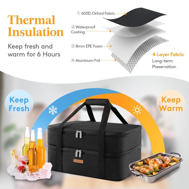 Luncia Lunch Bag Double Decker Insulated Casserole Carrier For Hot Or Cold Food, Lasagna Holder Tote For Potluck Parties/Picnic/Cookouts (Black, 15.7 X 11.4 X 8.3Inch) - Image 3