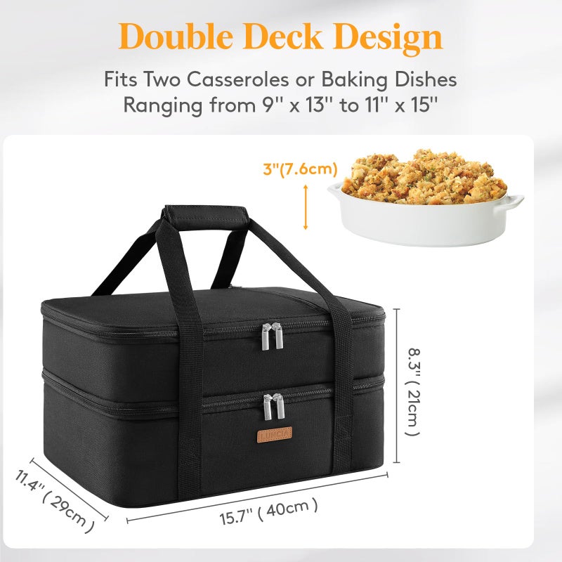Luncia Lunch Bag Double Decker Insulated Casserole Carrier For Hot Or Cold Food, Lasagna Holder Tote For Potluck Parties/Picnic/Cookouts (Black, 15.7 X 11.4 X 8.3Inch) - Image 2