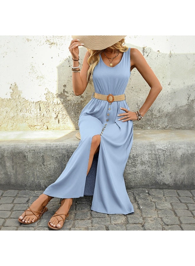 Song Feng Ya Split Solid Color Sleeveless Crewneck Dress - Image 3