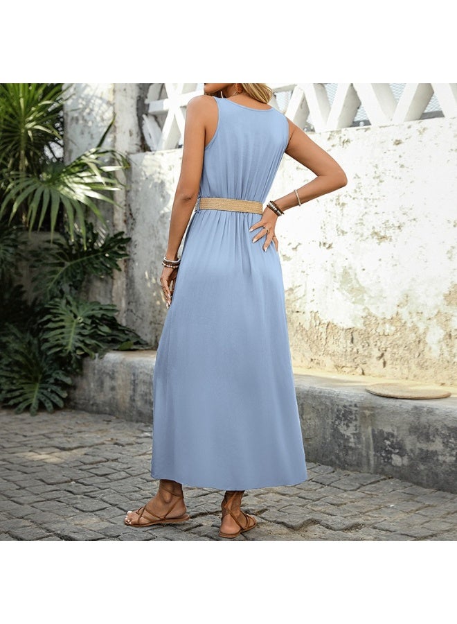 Song Feng Ya Split Solid Color Sleeveless Crewneck Dress - Image 2