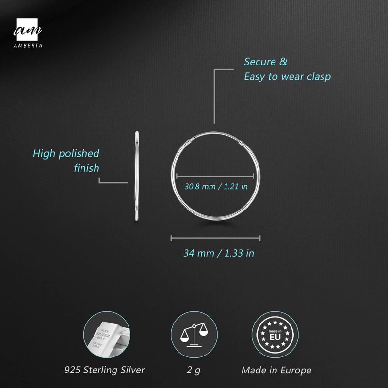 Amberta® 925 Sterling Silver Fine Circle Endless Hoops - Polished Round Sleeper Earrings Diameter Size: 20 30 40 60 75 mm (30mm) - Image 3