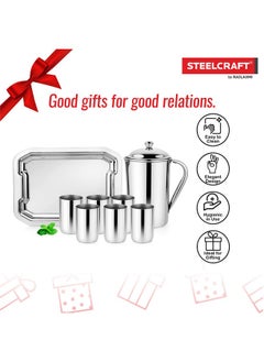 Steelcraft Steelcraft Premium Stainless Steel Aqua Lemon Set 1 JUG/ 6 Glasses(300 ML) & Serving Tray/for Kitchen/Tableware Set/for Gift Item, to Serve Water and Juice, Silver Colour  - Image 3