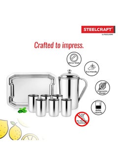 Steelcraft Steelcraft Premium Stainless Steel Aqua Lemon Set 1 JUG/ 6 Glasses(300 ML) & Serving Tray/for Kitchen/Tableware Set/for Gift Item, to Serve Water and Juice, Silver Colour  - Image 5