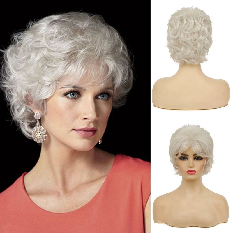 Beweig Short Curly White Wigs for Women Fluffy Natural Looking Synthetic Hair Daily Wigs for Old Ladies