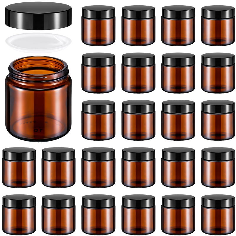 Norme 24 Pcs 4 oz Glass Jars with Lids Leakproof Round Airtight Empty Cosmetic Jars with Inner Liners Lid for Storing Lotions Powder Ointments Candle Making Tins BlackAmber