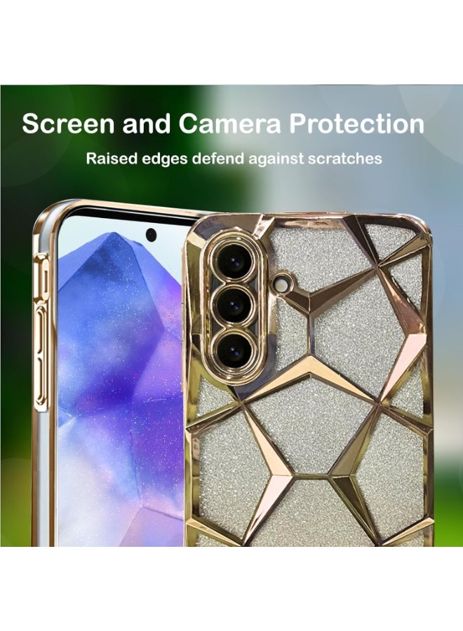 Compatible with Samsung Galaxy A57 Case Plating Bling Gradient Glitter Clear Cover Soft TPU Silicone Cute Camera Protection Shockproof Back for Women Girls Case - Gold - Image 3