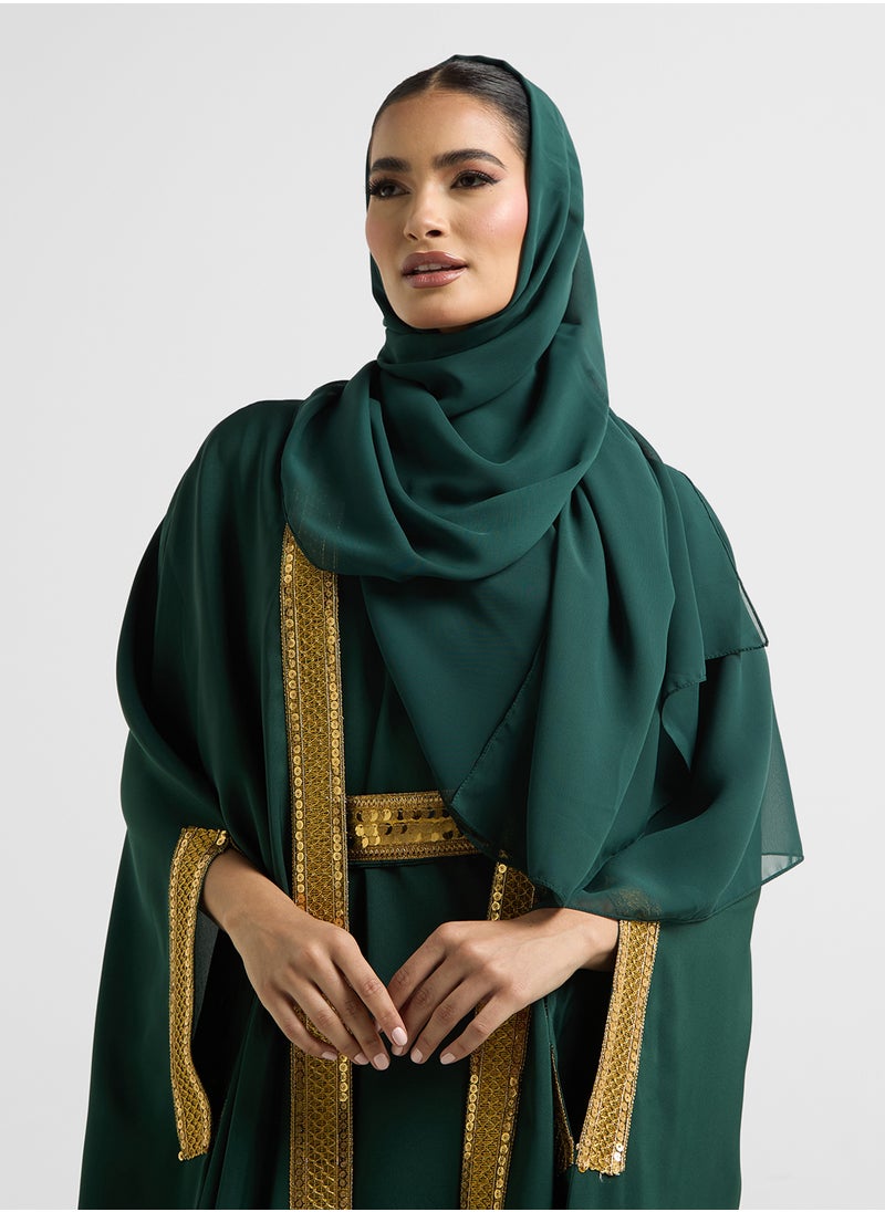 Khizana - Embellished Trim Abaya With Innner Dress & Sheila - Image 1