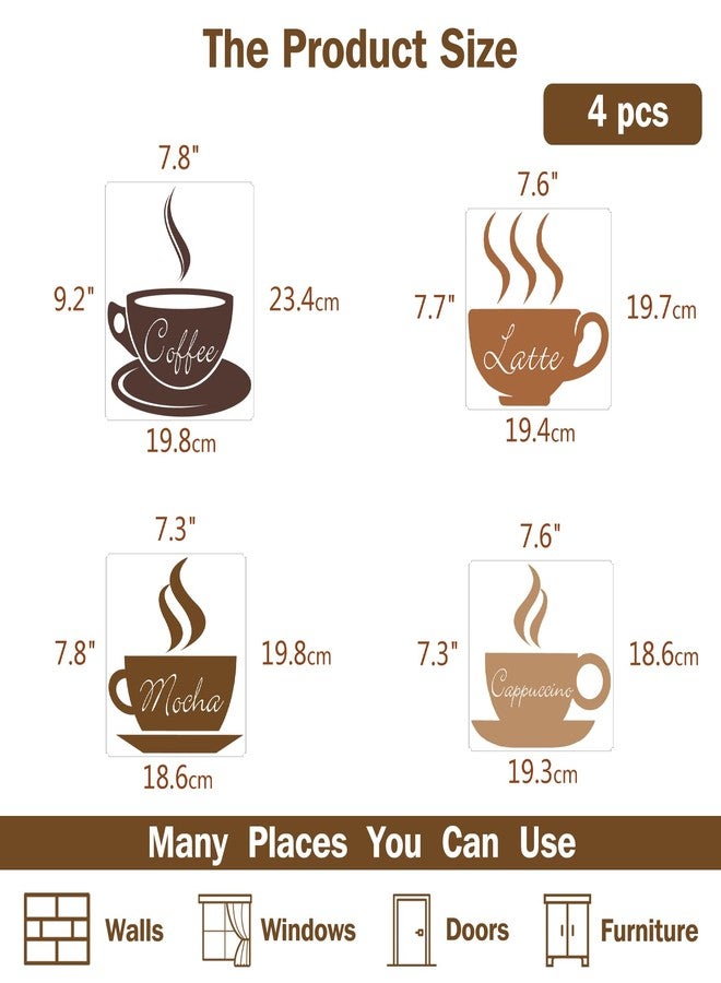 SUPERDANT 4pcs Coffee Wall Stickers Latte Mocha Cappuccino Wall Decor DIY Vinyl Sign Art Decals for Kitchen Coffee Bar Decor Shop Cafe Decoration Peel and Stick Wallpaper Brown - Image 2