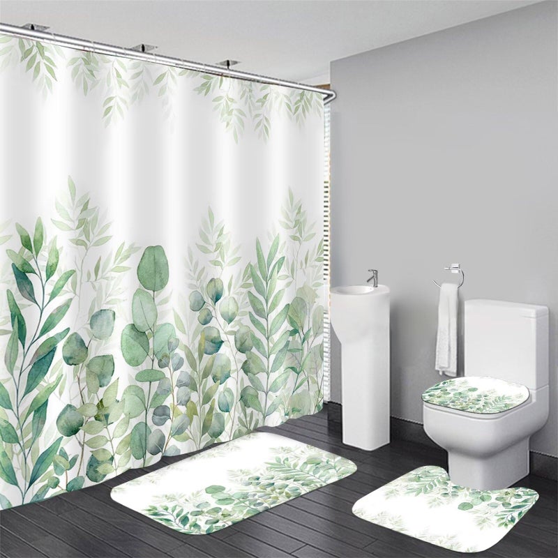 DDQQ Green Leaves Shower Curtain Sets with NonSlip Rug Toilet Lid Cover and Bath Mat Plant Leaves Shower Curtain Sets with 12 Hooks Shower Curtain for Bathroom Set Decor