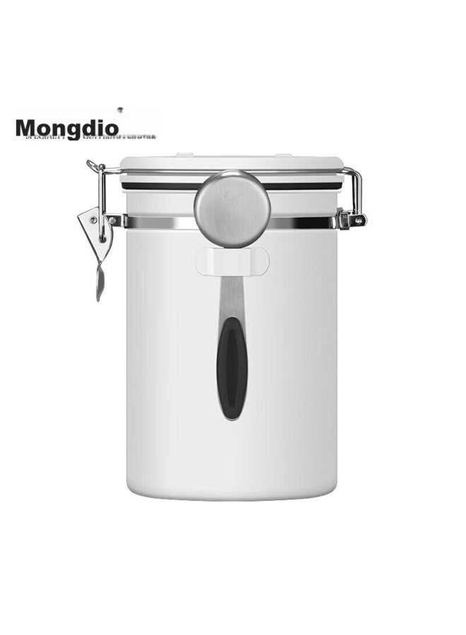 Mongdio Coffee Bean Airtight Container, 304 Stainless Steel Coffee Grounds Storage Jar, One-way Air Release Coffee Can With Spoon, White - Image 1
