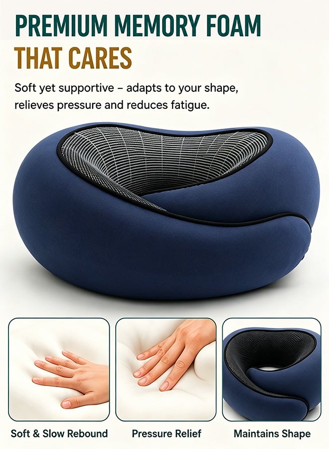YIM-VIBEHAUS Travel Pillow for Airplanes, 360° Ergonomic Memory Foam Travel Neck Pillow with Ear Plugs, Eye Mask, Carry Bag, Relief Neck Pain with Breathable Support for Long Flights, Car, Train & Office Use (Navy Blue) - Image 4