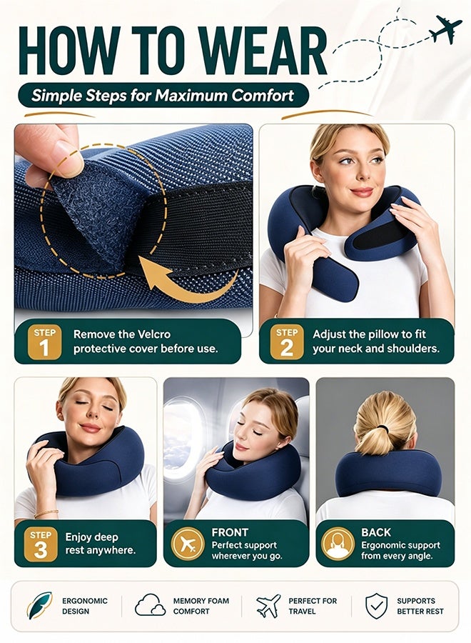 YIM-VIBEHAUS Travel Pillow for Airplanes, 360° Ergonomic Memory Foam Travel Neck Pillow with Ear Plugs, Eye Mask, Carry Bag, Relief Neck Pain with Breathable Support for Long Flights, Car, Train & Office Use (Navy Blue) - Image 5