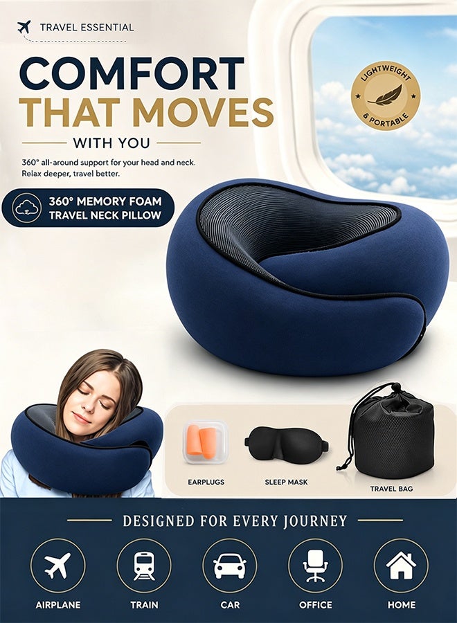 YIM-VIBEHAUS Travel Pillow for Airplanes, 360° Ergonomic Memory Foam Travel Neck Pillow with Ear Plugs, Eye Mask, Carry Bag, Relief Neck Pain with Breathable Support for Long Flights, Car, Train & Office Use (Navy Blue) - Image 1