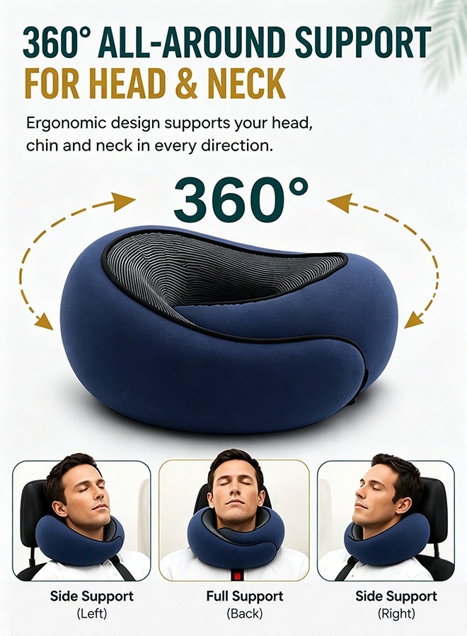 YIM-VIBEHAUS Travel Pillow for Airplanes, 360° Ergonomic Memory Foam Travel Neck Pillow with Ear Plugs, Eye Mask, Carry Bag, Relief Neck Pain with Breathable Support for Long Flights, Car, Train & Office Use (Navy Blue) - Image 2