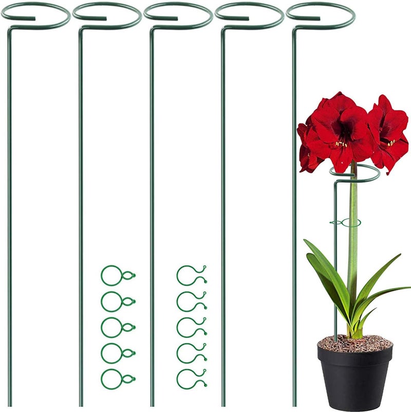 HiGift 17 inch Plant Support Stakes, 4mm Thick Garden Single Stem Flower Support Stake Amaryllis Plant Cage Support Rings with 10 pcs Plant Clips for Tomato Orchid Lily Peony Rose Flower Stem-5 Pack - Image 1