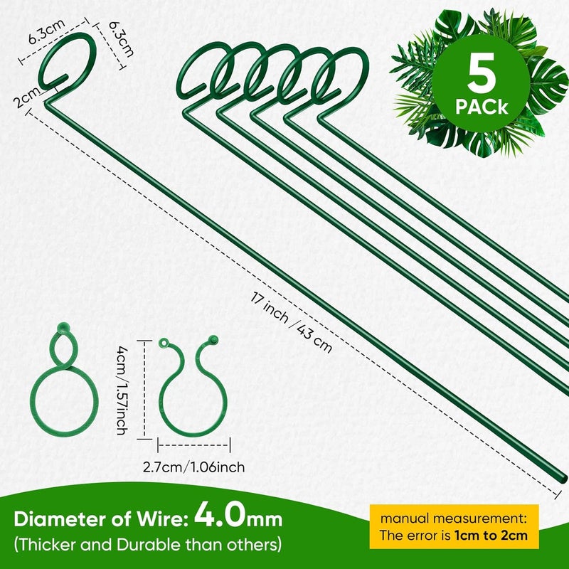 HiGift 17 inch Plant Support Stakes, 4mm Thick Garden Single Stem Flower Support Stake Amaryllis Plant Cage Support Rings with 10 pcs Plant Clips for Tomato Orchid Lily Peony Rose Flower Stem-5 Pack - Image 4
