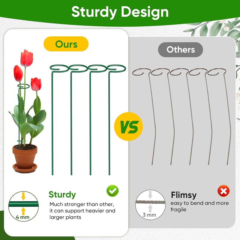 HiGift 17 inch Plant Support Stakes, 4mm Thick Garden Single Stem Flower Support Stake Amaryllis Plant Cage Support Rings with 10 pcs Plant Clips for Tomato Orchid Lily Peony Rose Flower Stem-5 Pack - Image 2
