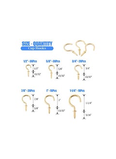 Glarks Glarks 120-Pieces 6 Size Brass Plated Screw-in Cup Hooks Lag Thread Handy Hanging Hooks Assortment Set  - Image 2