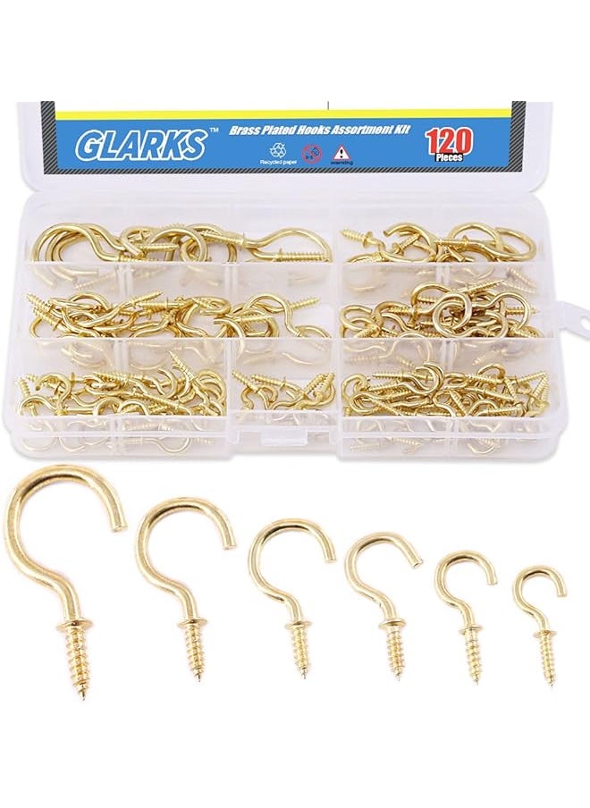 Glarks - Glarks 120-Pieces 6 Size Brass Plated Screw-in Cup Hooks Lag Thread Handy Hanging Hooks Assortment Set - Image 1
