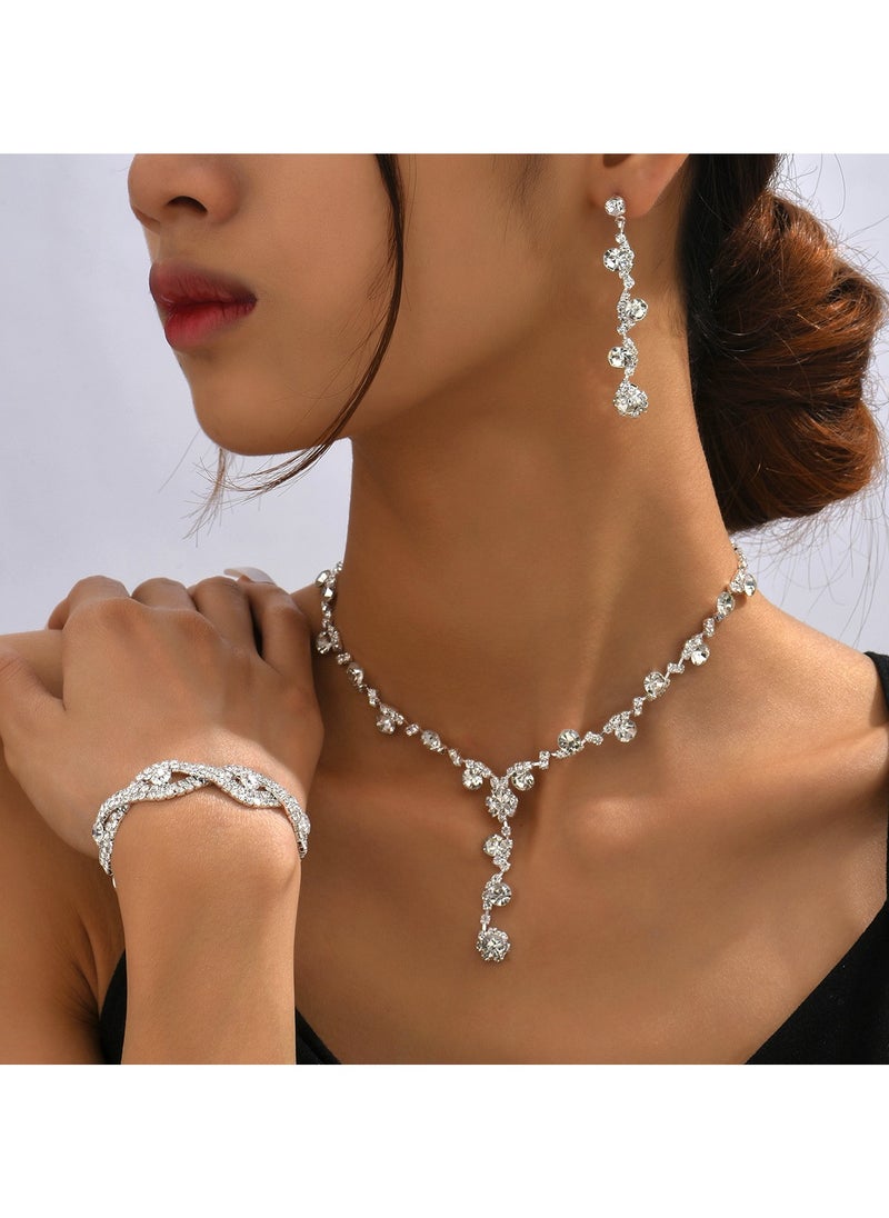 Miluraining - 3Pcs Jewelry Set With Necklace Bracelet and Earrings, Full Rhinestone V Neck Necklace and Crystal Earrings, Party Wedding dress Accessories, Bridal Bridesmaid Costume,Jewelry Set for Women and Girls - Image 1