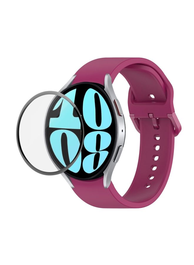 Replacement Strap For Samsung Galaxy Watch6 44mm JUNSUNMAY Silicone Adjustable Strap + Full Coverage PMMA Screen Protector Kit Wine Red