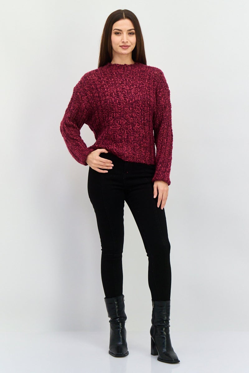 DEX Women Round Neck Textured Sweater, Burgundy - Image 4