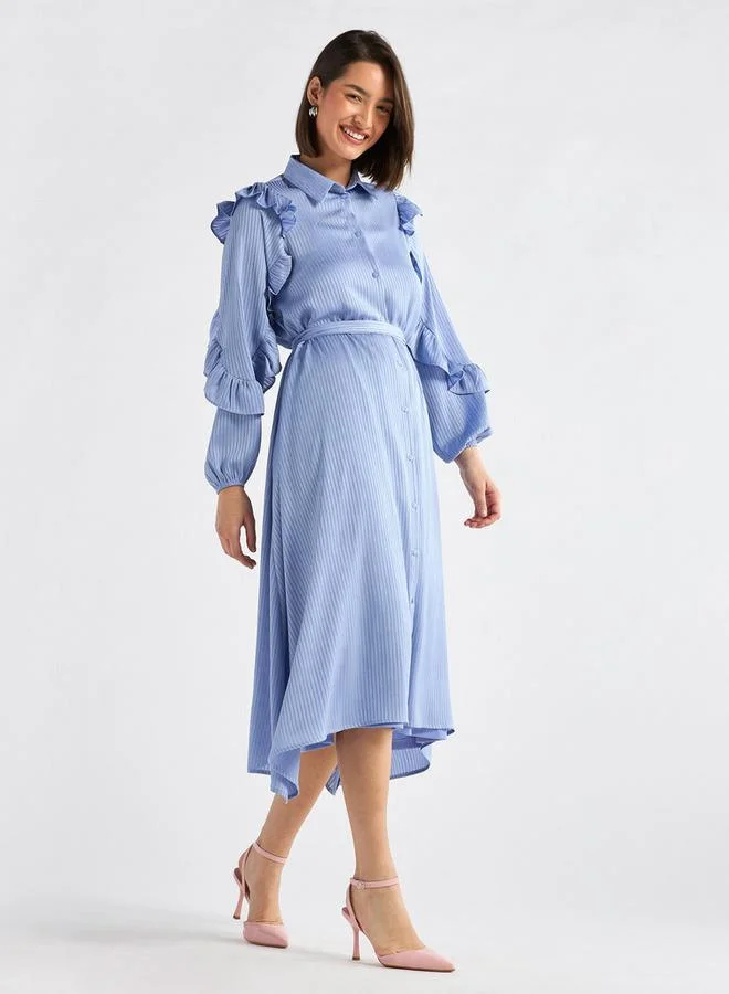 سبلاش فيڤ فستان ميدي مخطط غير متماثل بأكمام مكشكشة