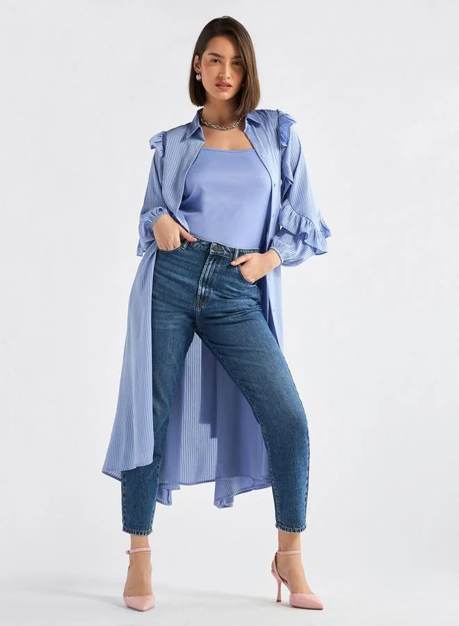 سبلاش فيڤ فستان ميدي مخطط غير متماثل بأكمام مكشكشة