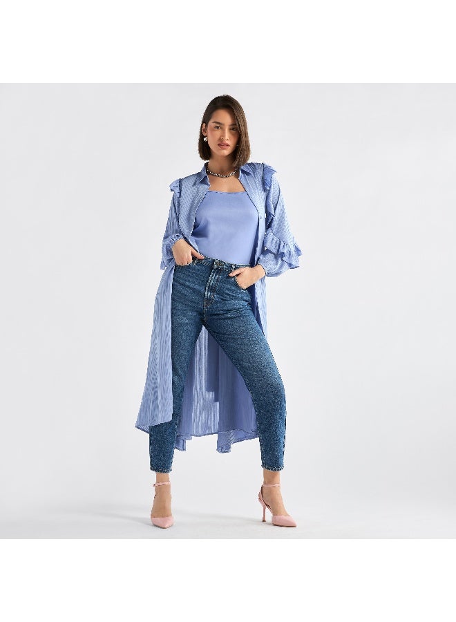 سبلاش فيڤ فستان ميدي مخطط غير متماثل بأكمام مكشكشة - Image 4