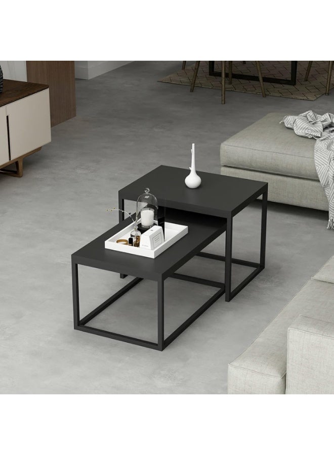 Set of 2 Nesting Coffee Tables, Modern Side Tables with Metal Frame and Chipboard Top, Space-Saving Living Room Tables, Matte Black - Image 4
