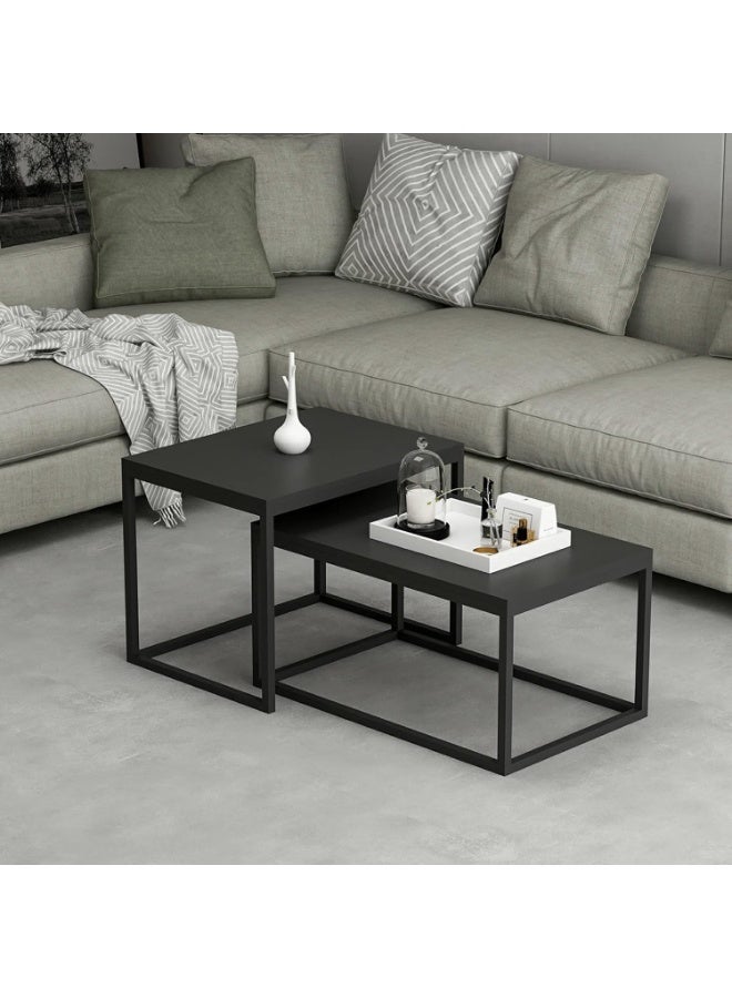 Set of 2 Nesting Coffee Tables, Modern Side Tables with Metal Frame and Chipboard Top, Space-Saving Living Room Tables, Matte Black - Image 1